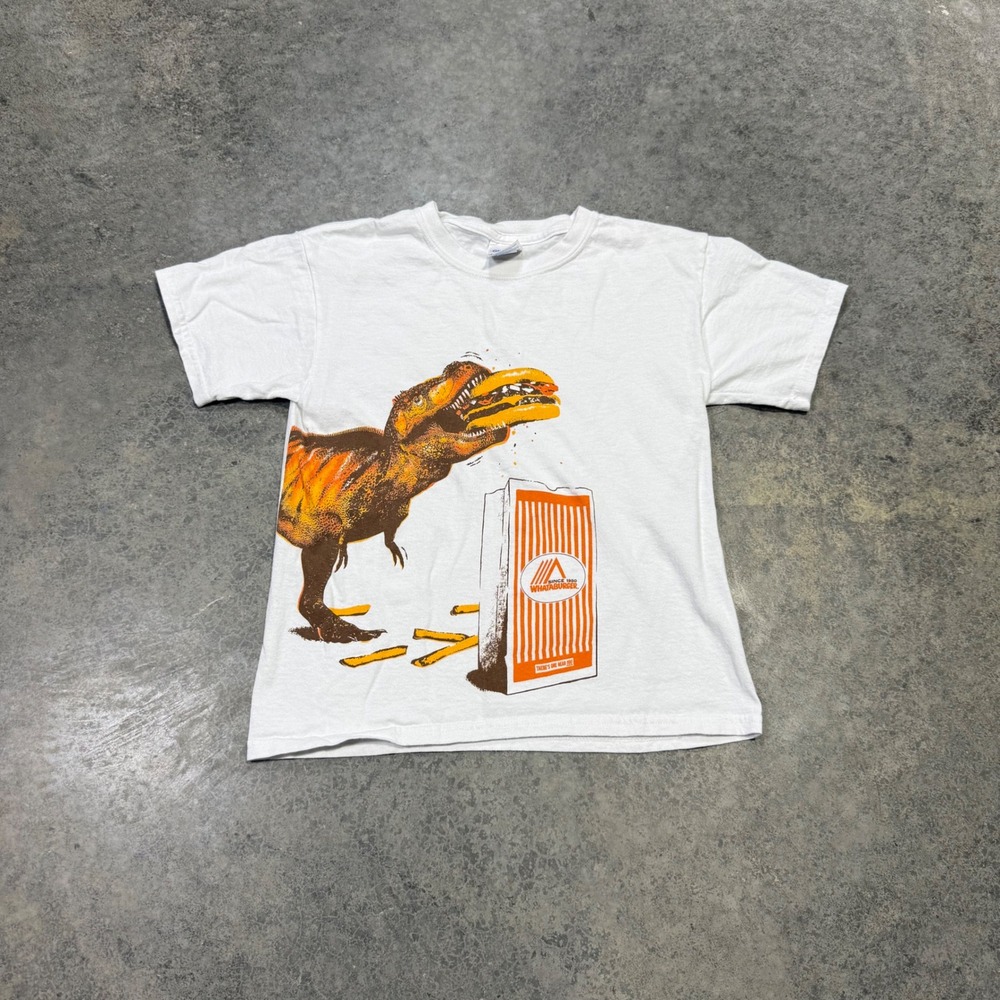 Gildan T-Shirt Kids Youth Small White Whataburger T-Rex Graphic Short Sleeve Tee